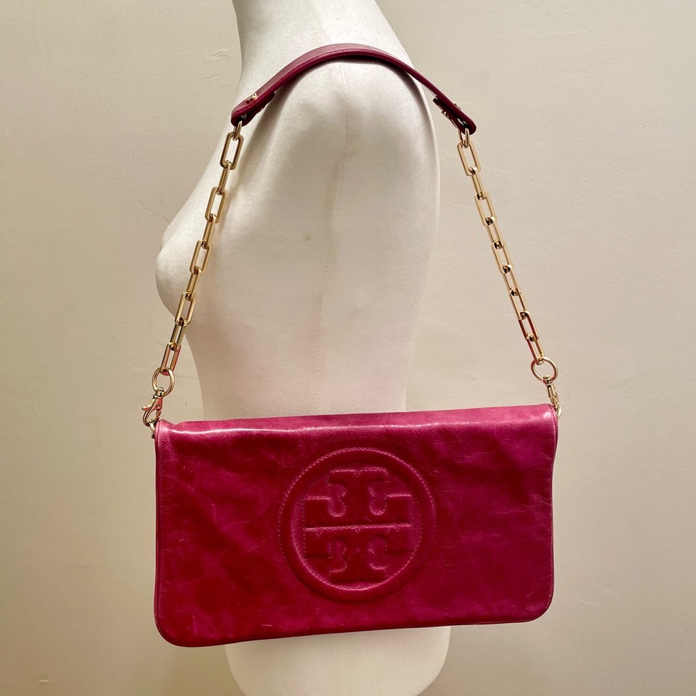Sold: Authentic Tory Burch Red Leather Logo Clutch Shoulder Bag Chain Strap